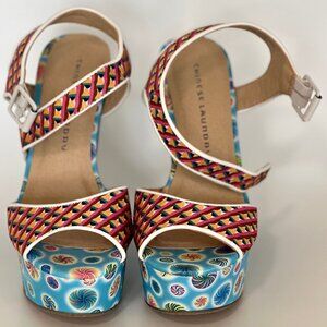 CHINESE LAUNDRY JOLLYPOP Blue Multi Candy Swirls Platform Peep Toe Wedges 7
